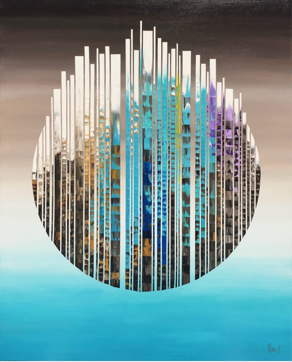 Abstract circular cityscape with vertical blue stripes